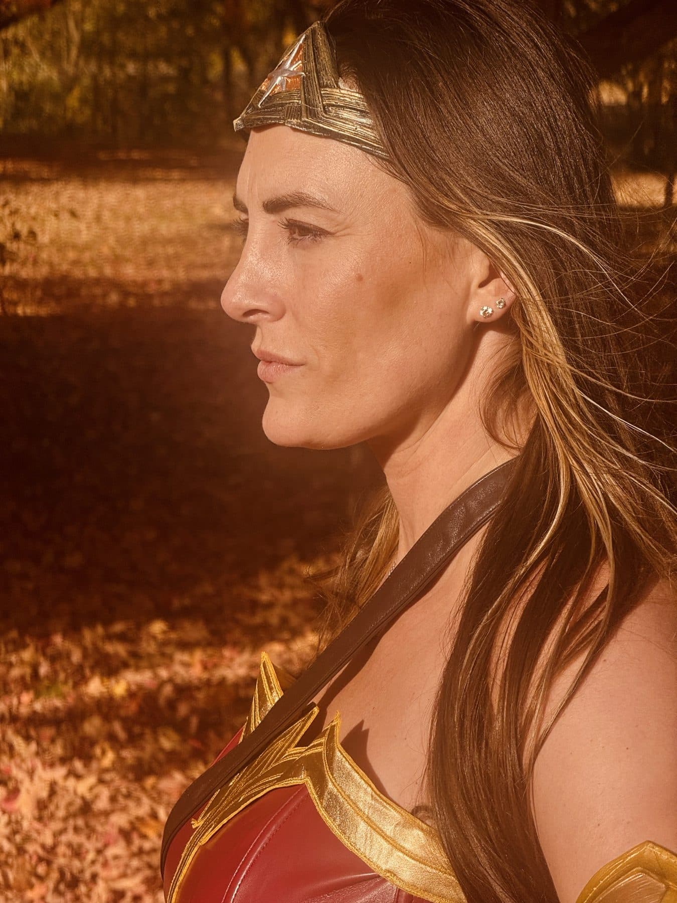 Wonder Woman profile in a field of autumn grass.