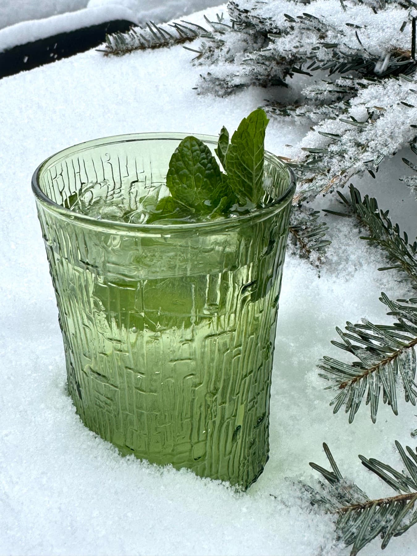 A matcha drink styled in fresh snow and pine.