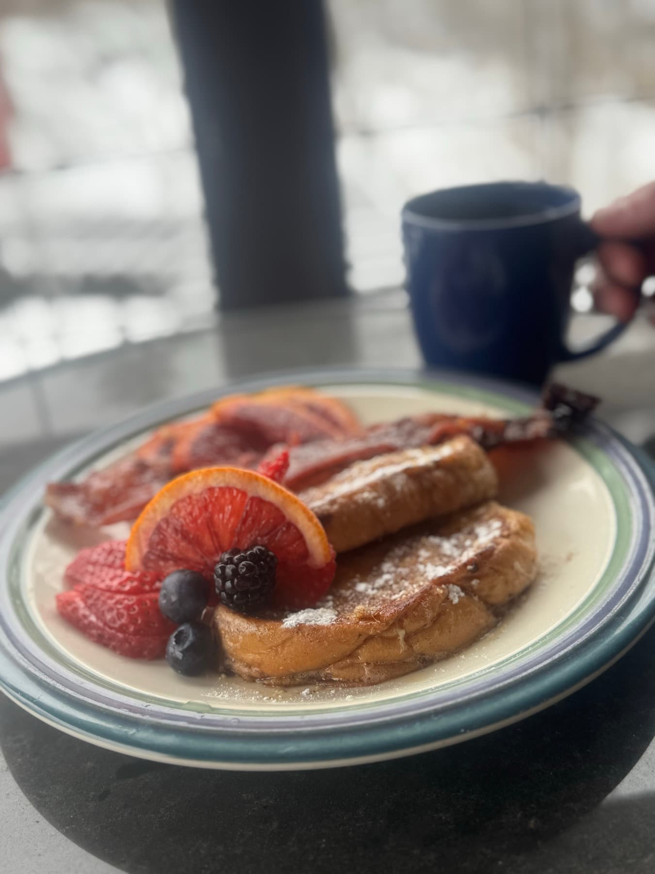 A breakfast spread with coffee, shot from above.