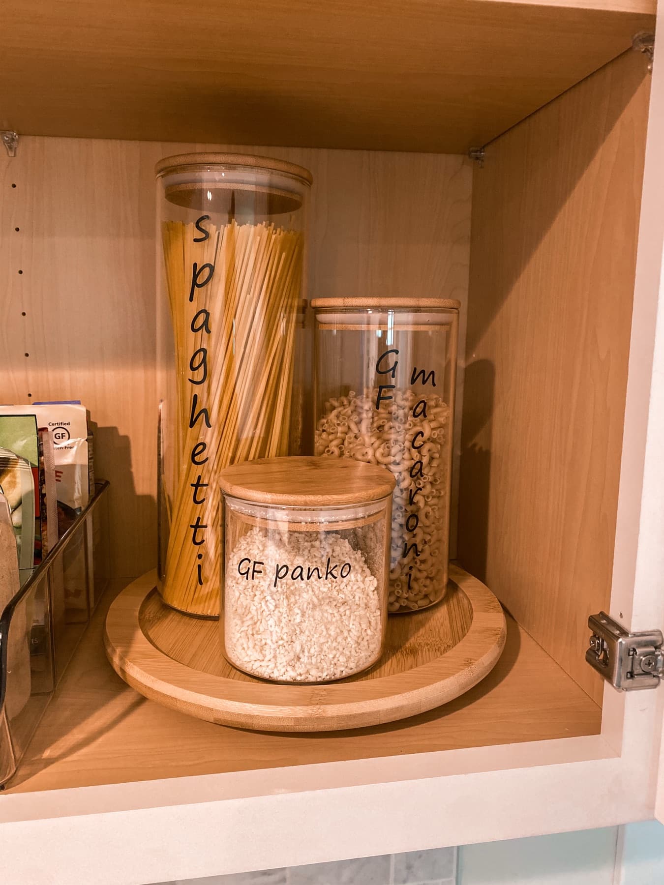 A lazy susan of decanted staples.