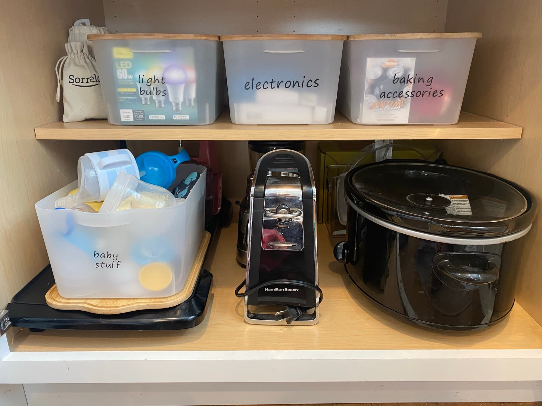 A coffee-and-staples station kept tidy.