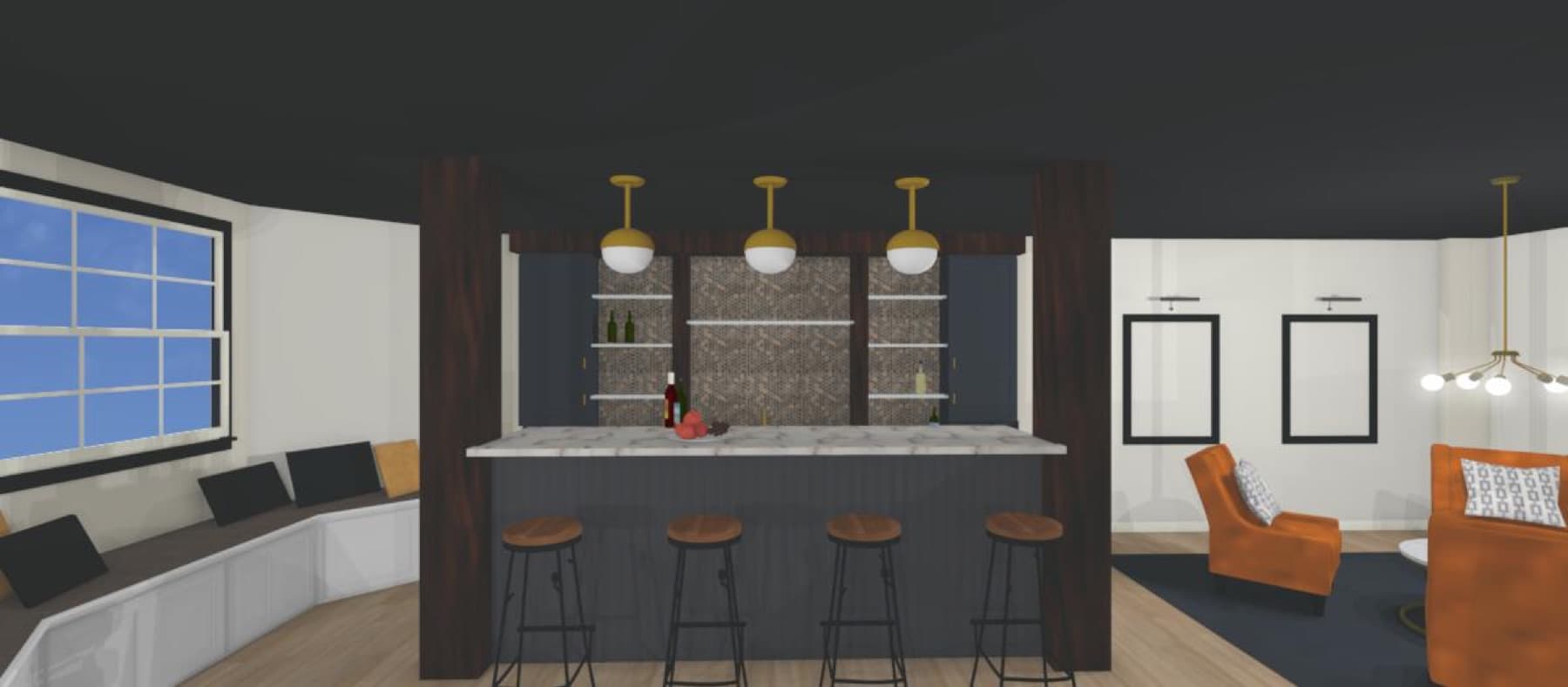 A rendering from the design phase, set beside the built result.